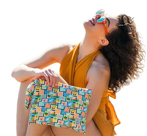 Girl sitting and holding a bag
